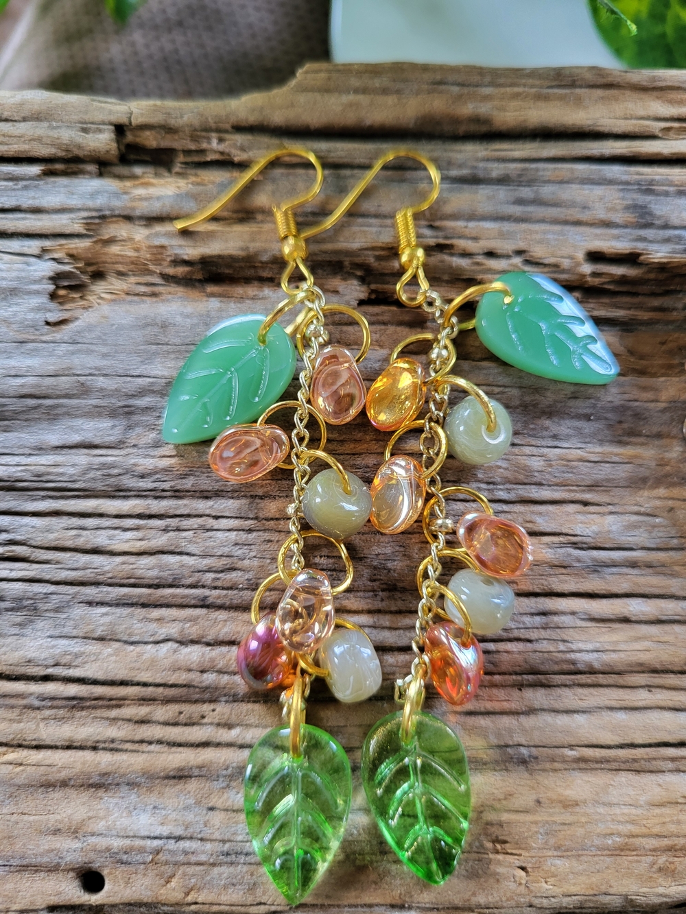 Gold-Tone Green Leaf Dangle Earrings with Peach and Cream Beads